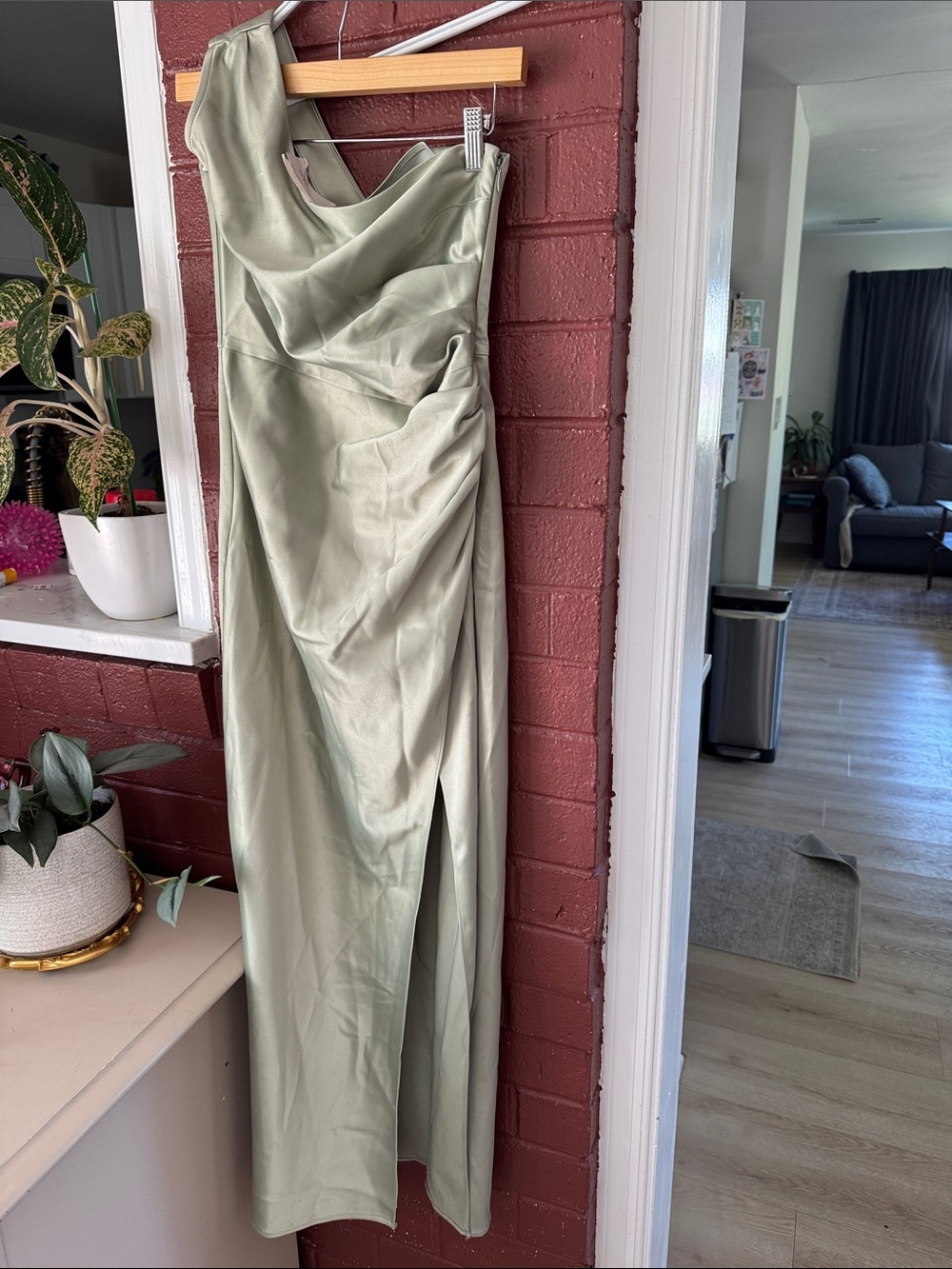 BHLDN Anthropologie Dylan Sage Stretch Satin One-Shoulder Side Slit Dress Small - Picture 7 of 9